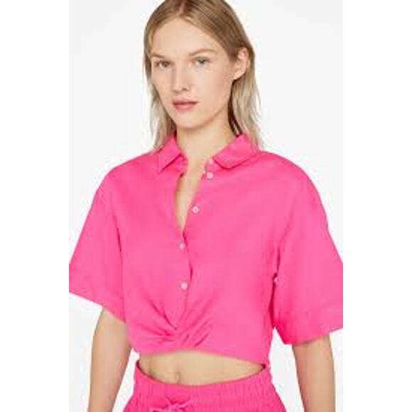 FRAME Denim Cropped Twist Front Shirt Linen Pink Flamingo LWSH2828-FLAM Small S - Picture 1 of 8